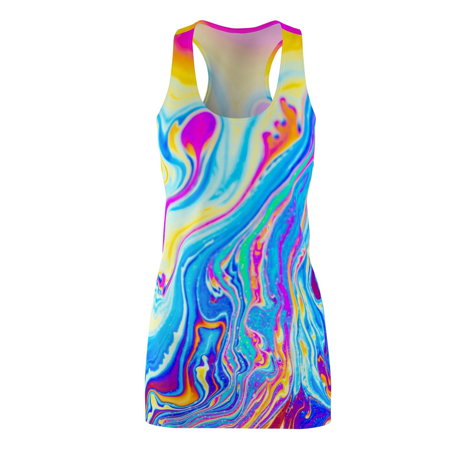 Vibrant Swirl Racerback Dress - Colorful Summer Style, Beach Cover-Up, Festival Outfit, Casual Chic, Bohemian Vibes